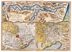 Lake Como (Italy; Region: Lombardy), Rome (Italy; Region: Lazio), Gulf of Trieste (Italy: region Friuli-Venezia Giulia; Slovenia: traditional region Slovenian Littoral; Croatia: Istria County) da Abraham Ortelius