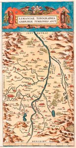Limaniae topographed Gabriele Symeoneo Avct Mappa geografica del territorio della Loira con i castelli e le città che costeggiano il fiume (Beaumont, Aigueperse, Clermont e Montferan (Montferrand), Beauregard, Cignac, Montaigu, Puy Guillaume...) tratta da  da Abraham Ortelius