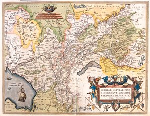Paesi Bassi (Province: Olanda Settentrionale, Flevoland, Overijssel, Gheldria, Limburgo), Germania (Stati: Bassa Sassonia, Nord Reno-Westfalia) da Abraham Ortelius