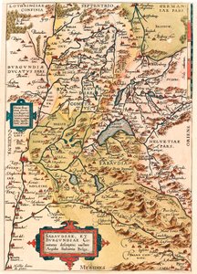 Sabaudia et Burgundiae Comitus descriptio, mappa geografica del territorio della Borgogna e della Savoia (Pontarlier, Digione, Lago Lemano e Svizzera) da “Theatrum Orbis Terrarum” di Abraham Ortelius da Abraham Ortelius
