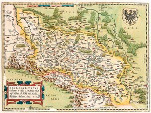 Silesia Typus Descriptio et Descriptus et editus Martino Heilwid Neilsense, et Nobili viro Nicolao Rhedinger dedicatus Anno 1561. Mappa geografica del territorio a sud di Francoforte in Germania vicino alla Polonia da 