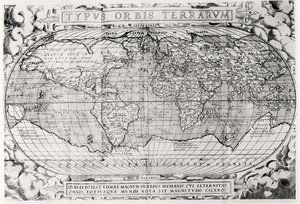 Typus Orbis Terrarum, mappa del mondo, 1577 da Abraham Ortelius