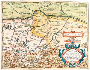 Typus Vindeliciae Ssive Utriusque Bavariae: Secundum antiquam & recentiorum situm, ab Joanne Aventino olim descriptus... Mappa geografica del territorio della Baviera in Germania da 
