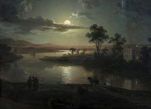 Scena serale con luna piena e persone