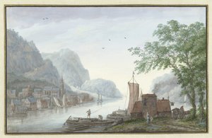 Paesaggio montuoso con vista su un villaggio lungo un fiume da Abraham Rademaker