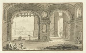 Veduta immaginaria di una città italiana con edifici classici da Abraham Rademaker