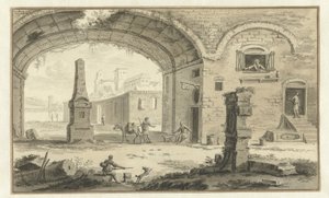 Veduta immaginaria di una città italiana con edifici classici e vista sotto un arco da Abraham Rademaker