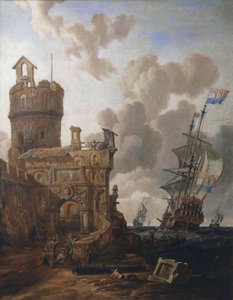 Una nave olandese davanti a un forte da Abraham Storck