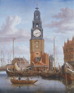 Veduta della Torre Haringspacker ad Amsterdam, con un orologio funzionante inserito nel dipinto, 1684