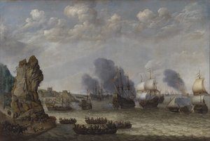 Una battaglia vicino a una costa tra spagnoli e olandesi sbarcati da Abraham Willaerts