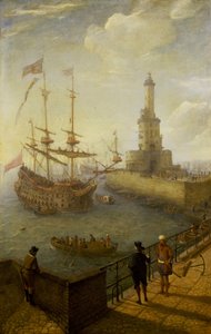 Una nave spagnola a tre alberi ancorata al largo della costa di Napoli (Italia), vista da un molo lastricato della città, verso il faro e gli edifici del porto mediterraneo da Abraham Willaerts