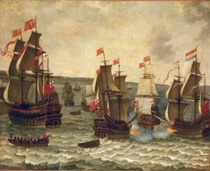 Battaglia navale tra navi olandesi e britanniche, episodio della Prima Guerra Anglo-Olandese (1652-1654). Olio su legno di Abraham Willaerts (1603-1669).