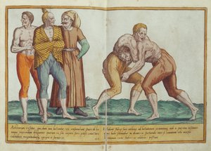 Turchi che lottano, costumi del XVI secolo da Omnium Poene Gentium Imagines, pubblicato a Colonia, 1577