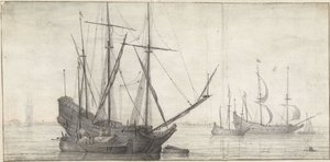 Barche a vela su acqua calma vicino alla costa da Abraham de Verwer (possibly)