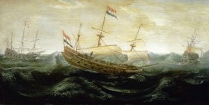 Una nave olandese che naviga su un mare molto turbolento, viaggiando con vele ridotte, in cui il vento si precipita da Abraham de Verwer