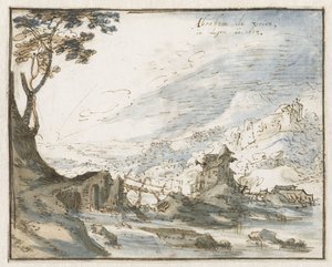 Paesaggio montuoso con un ponte di legno da Abraham de Vries