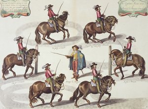 Il Marchese di Newcastle che dà una lezione di equitazione al Capitano Mazin, tavola 15 da Il Metodo e la Nuova Invenzione di Addestrare i Cavalli di William Cavendish, inciso da Lucas Vo da Abraham van Diepenbeeck