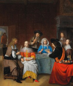 Interno con una società elegante che gioca a carte da Abraham van Dijck