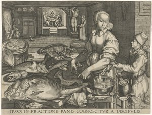Scena di cucina con donna che pulisce il pesce da Abraham van Lier