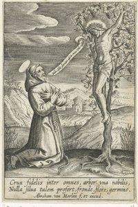 Santo inginocchiato davanti a Cristo sulla croce