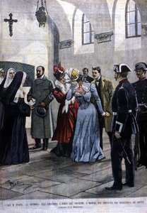 A Madrid, una giovane donna, Mademoiselle Ubao, viene strappata alla vita religiosa in un convento dove si trovava per suggerimento dei Gesuiti. Illustrazione di Beltrame. La Domenica del Corriere. 1901 da Achille Beltrame