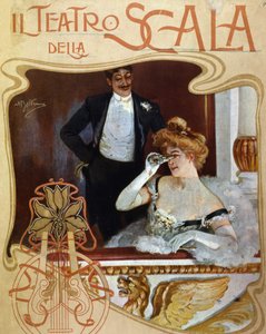 Una coppia in un camerino al Teatro alla Scala. La giovane donna osserva la scena con un paio di binocoli. Illustrazione di Achille Beltrame
