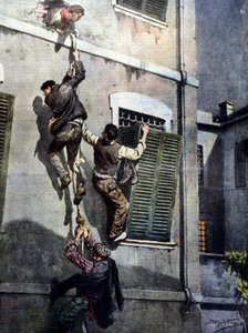 Una fuga audace di quattro detenuti dalla prigione di Asti dopo aver sfondato il muro. Disegno di Beltrame. La Domenica del Corriere. 1902 da Achille Beltrame