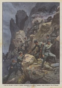 A gara con gli alpini, un riparto di fanteria, inerpicandosi per un difficile canalone occupa da Achille Beltrame