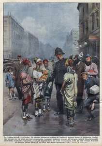 Un gruppo di donne-giraffa della Birmania chiedono indicazioni a un poliziotto inglese a Londra, sono vestite con turbante, tunica, anelli intorno al collo e alle gambe. Illustrazione di Achille Beltrame in 