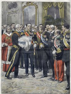 Alfonso XIII (1886-1941), Re di Spagna alla cerimonia di presentazione di suo figlio Alfonso (1907-1938), Conte di Covadonga, Principe delle Asturie. Disegno di Achille Beltrame. del 1907 da Achille Beltrame