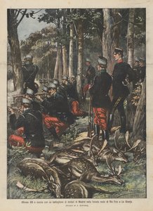 Alfonso XIII a caccia con un battaglione di soldati di Madrid nella foresta reale di Rio Frio a La Granja