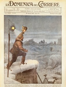 Esploratore americano, Richard E Byrd, raggiunto dai compagni in Antartide dopo essere stato solo per cinque mesi, di Achille Beltrame, illustrazione, Illustratore Achille Beltrame (1871-1945), da La Domenica del Corriere, 26 agosto 1934 da Achille Beltrame