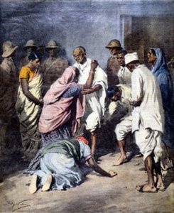 Arresto di Mahatma Gandhi (1869 - 1948). Ill. di Achille Beltrame. La Domenica del Corriere. 1932 da Achille Beltrame