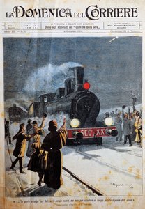 Arrivo del nuovo secolo, persone che accolgono il nuovo secolo con gioia, illustrazione di Achille Beltrame (1871-1945), da La Domenica del Corriere, 6 gennaio