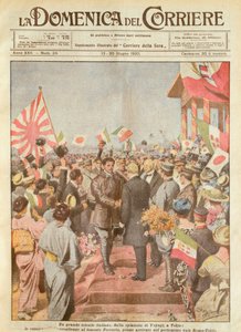 Arturo Ferrarin accolto a Tokyo come primo ad arrivare sulla rotta Roma-Tokyo, illustrazione di Achille Beltrame, da La Domenica del Corriere