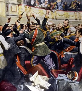 Attentato contro il ministro russo Stolypin al teatro municipale di Kiev. Illustrazione di Beltrame da Achille Beltrame