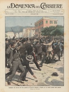 Carabinieri che salvano dal furor popolare gli anarchici adunatisi a Rapallo per un comizio proibito dalle autorità da Achille Beltrame