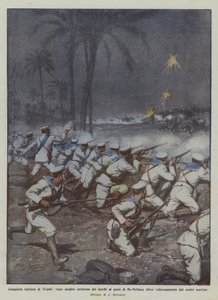 Conquista italiana di Tripoli, vano assalto notturno dei turchi ai pozzi di Bu-Meliana da Achille Beltrame