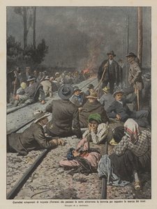 Contadini scioperanti di Argenta che passano la notte attraverso la ferrovia
