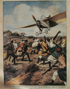 Illustrazione di copertina del Capitano Moizo che tenta un atterraggio di emergenza durante la Campagna Africana, di Achille Beltrame, da La Domenica del Corriere, 22 settembre 1912 da Achille Beltrame