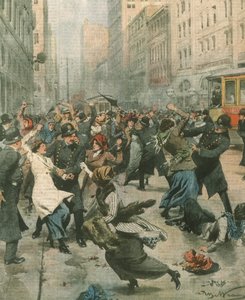 Illustrazione di copertina delle donne che protestano contro la disoccupazione in strada; New York, USA da Achille Beltrame