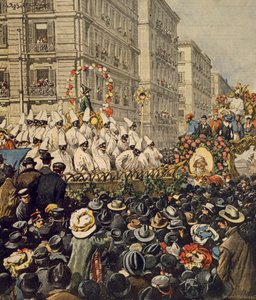 Folla durante il carnevale a Napoli, di Achille Beltrame, illustrazione, Illustratore Achille Beltrame (1871-1945), da La Domenica del Corriere, 31 gennaio 1904