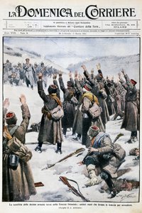 Sconfitta della decima armata russa in Prussia orientale: soldati russi che alzano le braccia in segno di resa, tavola di Achille Beltrame da La Domenica del Corriere, 28 febbraio-7 marzo 1915 da Achille Beltrame