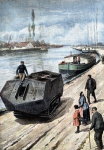 Fine della Prima Guerra Mondiale: la fine pacifica di una formidabile macchina da guerra. I carri armati ora trainano chiatte sul Canale Francese. Ill. di Beltrame. La Domenica del Corriere. 03/1919