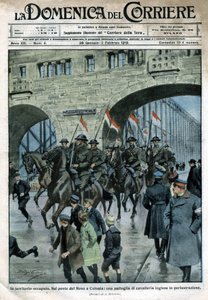 Presenza inglese in Germania: truppe militari su un ponte del Reno a Colonia. Illustrazione di Beltrame. La Domenica del Corriere. 01/1919 da Achille Beltrame