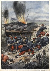 Episodio della Guerra del 1914: truppe francesi nelle trincee bombardate dai nemici. "La Domenica del Corriere" da Achille Beltrame