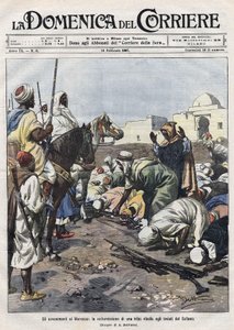 Eventi in Marocco: una tribù ribelle si arrende ai rappresentanti del sultano. Illustrazione di Beltrame. La Domenica del Corriere da Achille Beltrame