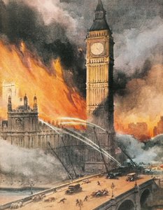 Incendio al Palazzo di Westminster, Londra, dopo il bombardamento tedesco, illustrazione da 