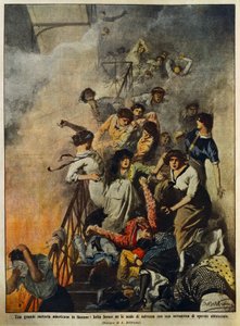 Incendio in una grande fabbrica tessile americana: lavoratori sulla scala, illustrazione di Achille Beltrame, da La Domenica del Corriere, 10 agosto