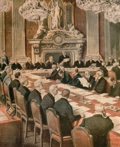 Il presidente francese Georges Clemenceau parla alla Conferenza di pace di Parigi, di Achille Beltrame, illustrazione, da La Domenica del Corriere